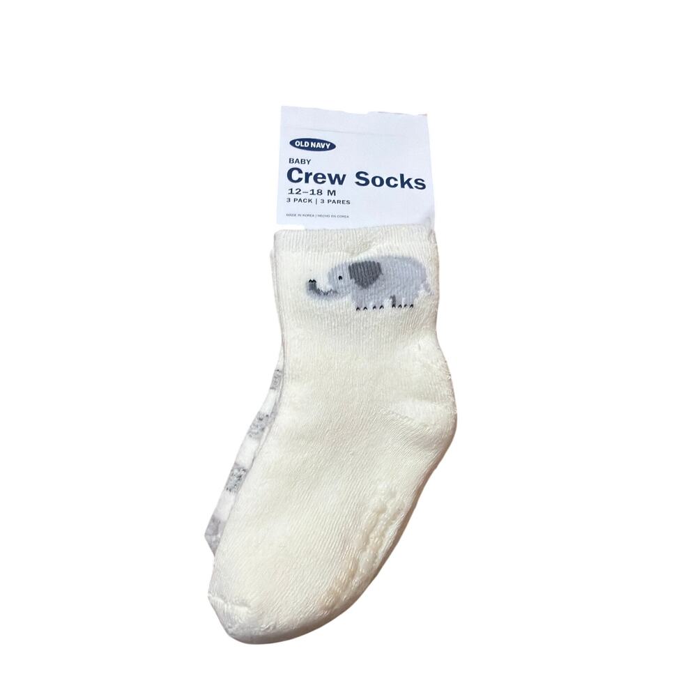 Old Navy Baby Crew Socks 3 Pack Elephant Gray & Cream Size 12-18 Months New